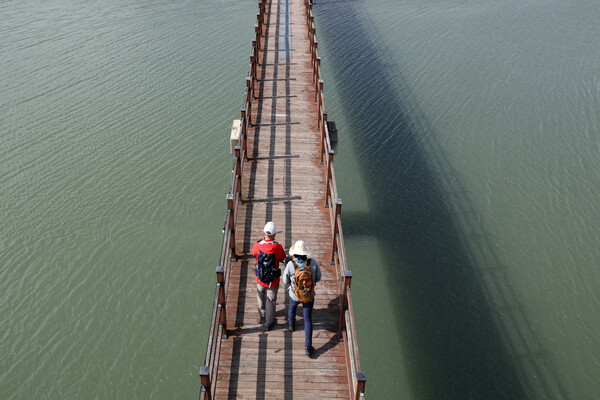 강진만생태탐방로를 걷는 행락객들