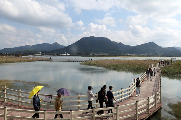 강진만생태 탐방로를 걷는 행락객들