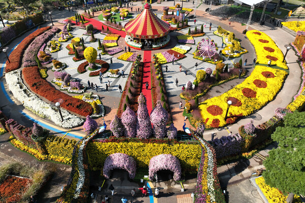 대형 공룡과 사슴 등 국화조형물, 전시컵과 회전목마, 뽀로로 등으로 구성된 중앙광장