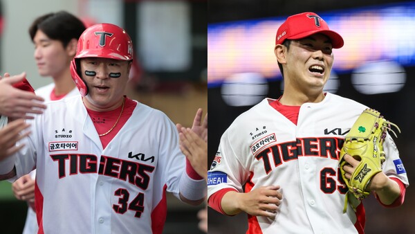 KIA 타이거즈 최형우(왼쪽)와 성영탁. KIA 타이거즈 제공