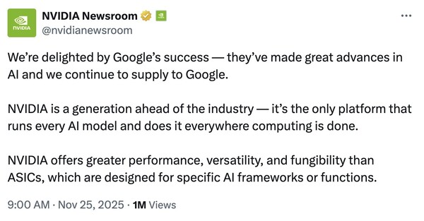 엔비디아가 엑스(X) 공식 계정을 통해 구글을 견제하며 자사 제품이 업계보다 한 세대 앞서 있다고 강조했다. 엔비디아 X 캡처